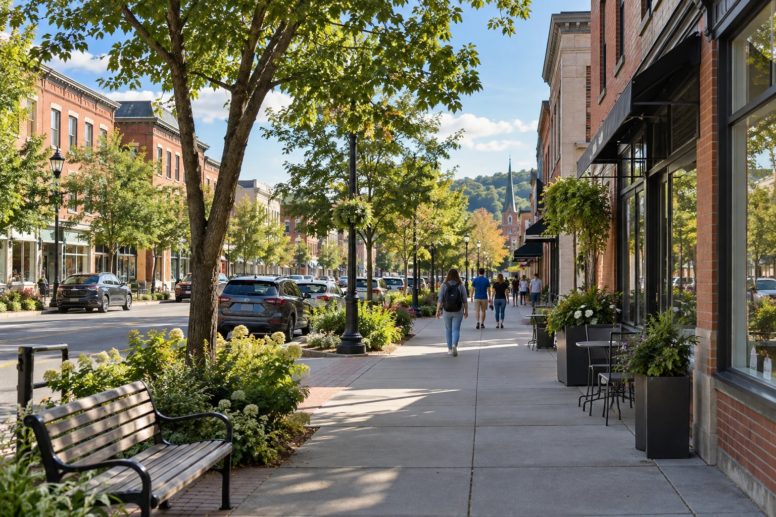 Illustrative tree-lined college-town street with shops and people walking