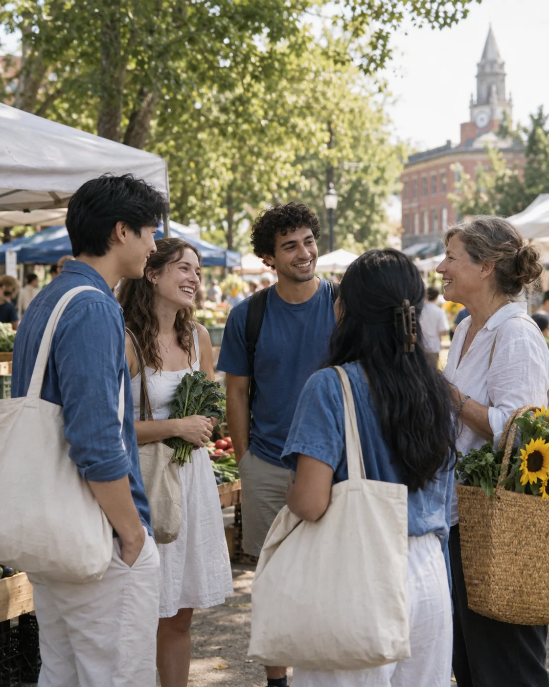 Illustrative scene of neighbors talking together at an outdoor community market